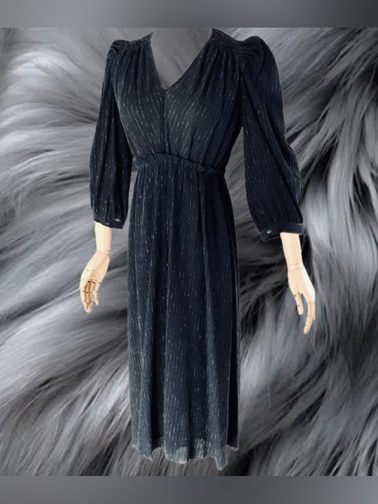 Teal Dresses & Skirts - Elegant Black Sparkle Metallic-Striped Midi Dress with Puff Sleeves